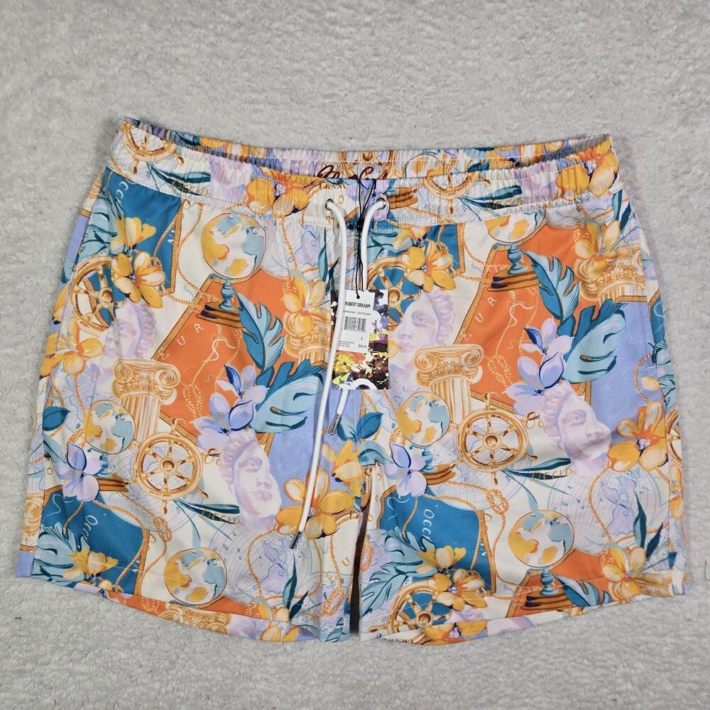 Robert Graham Swim Trunks Mens Large Gold Treasure 5" Inseam Lined Shorts L
